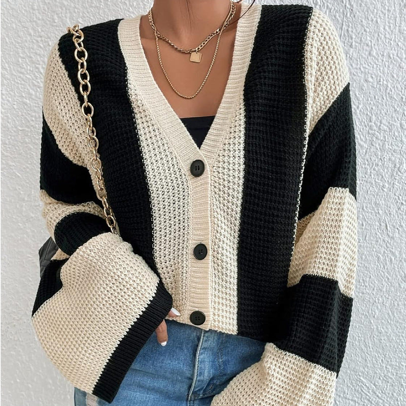 Top Product Autumn Winter Women Striped Contrast Color Bell Sleeve Knitted Cardigan Loose Sweater Coat Women