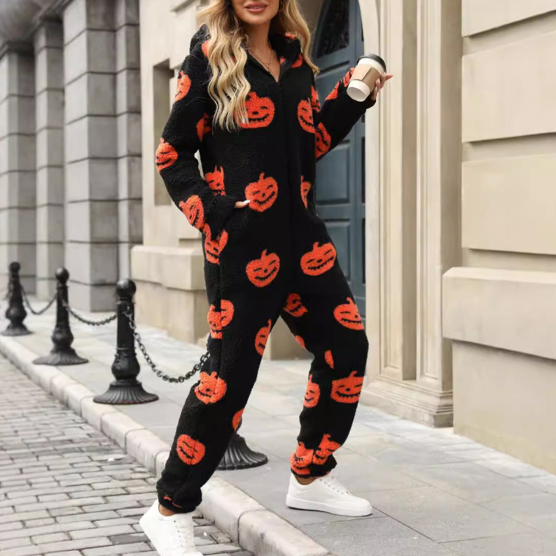 Vêtements pour femmes automne hiver Halloween citrouille imprimé ample fermeture éclair peluche combinaison