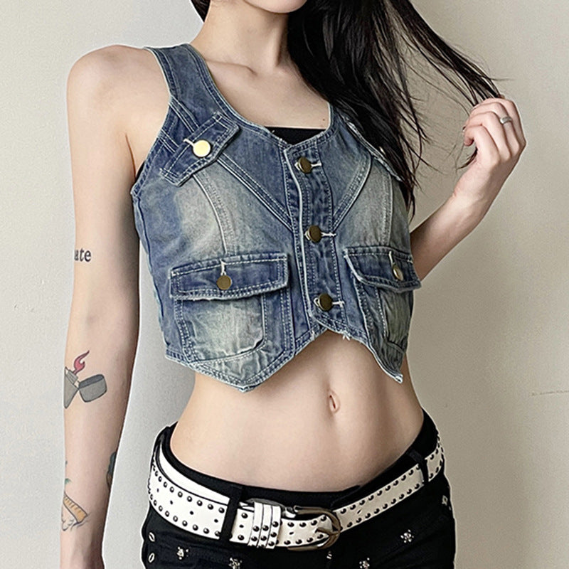 Wash Color Workwear Buckle Bag Denim Vest Women Sexy Personality Wear Irregular Asymmetric Top