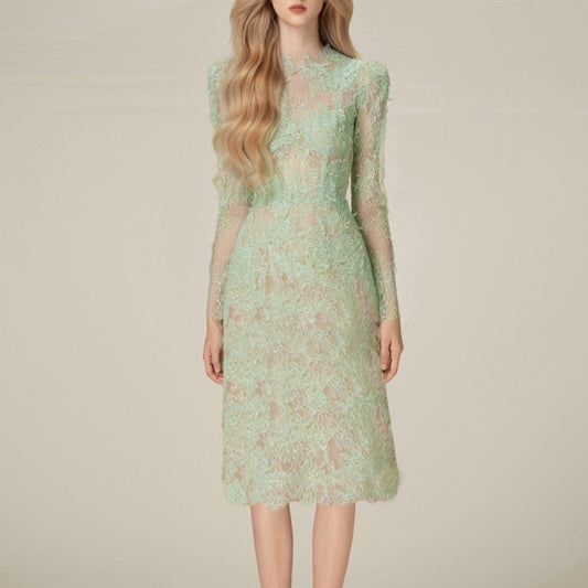 Spring Sequin Embroider Super Slim Dress Lace Mid-length