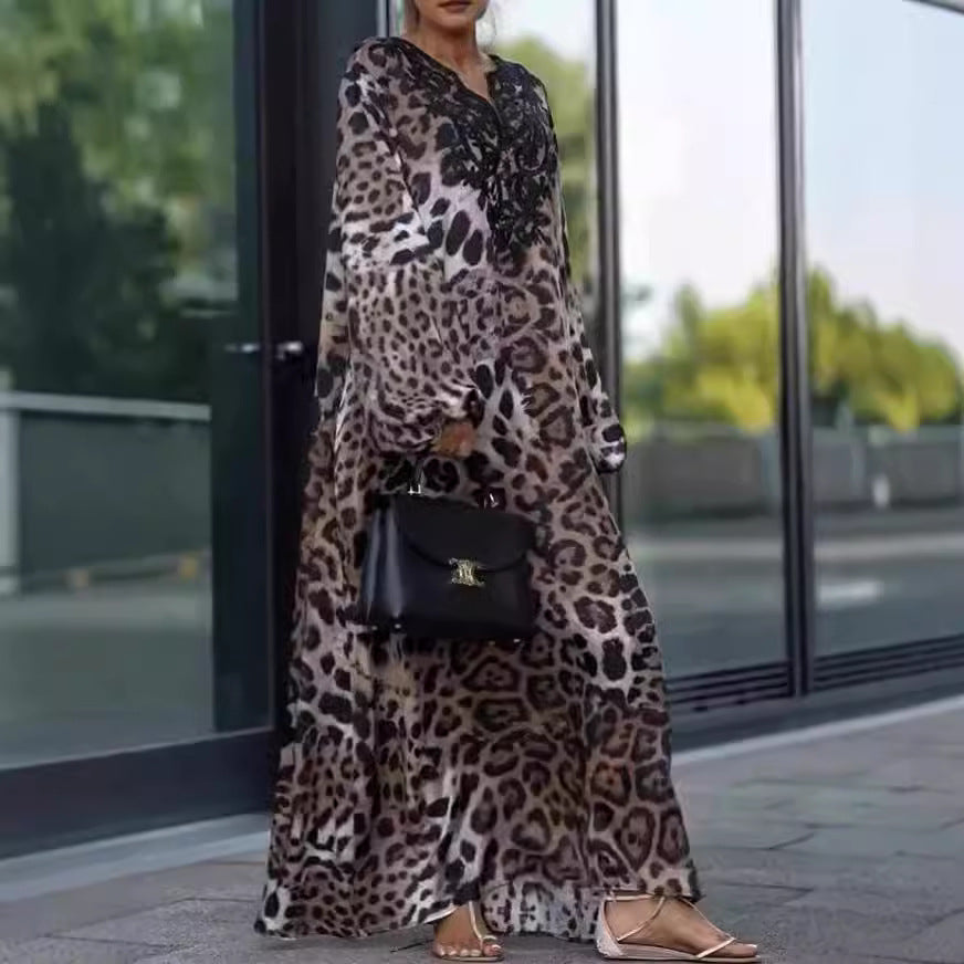 Vestido holgado de manga larga con estampado de leopardo para otoño