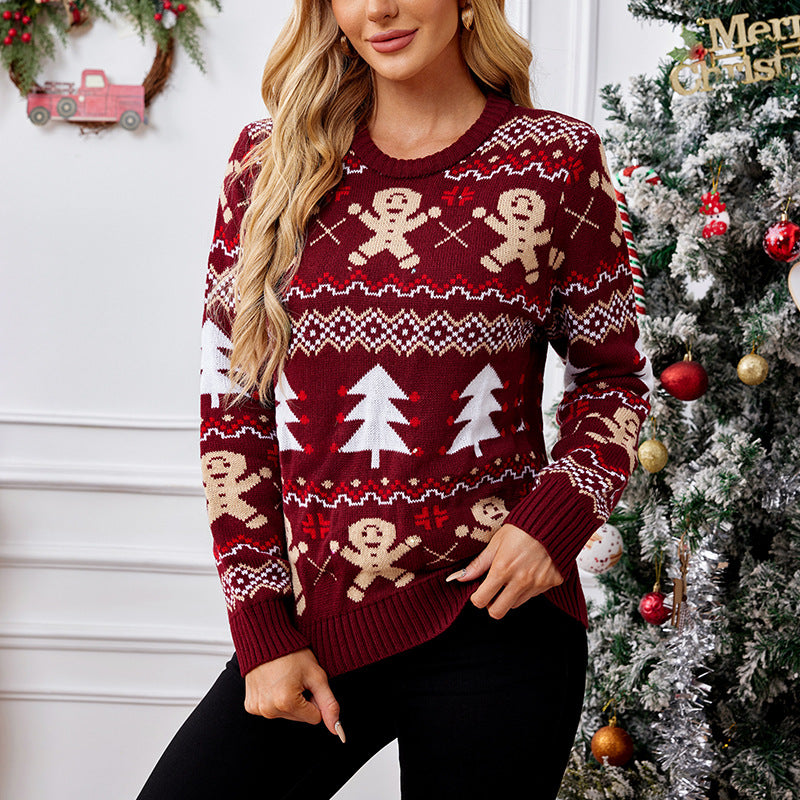 Gingerbread Man Jacquard Long Sleeved Sweater Pullover Casual Top Christmas Christmas Sweater