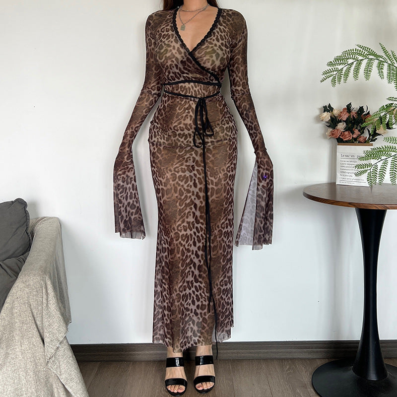 Autumn Winter Women Clothing Leopard Print Mesh Lace Sexy V neck Tied Long Sleeves Dress Women