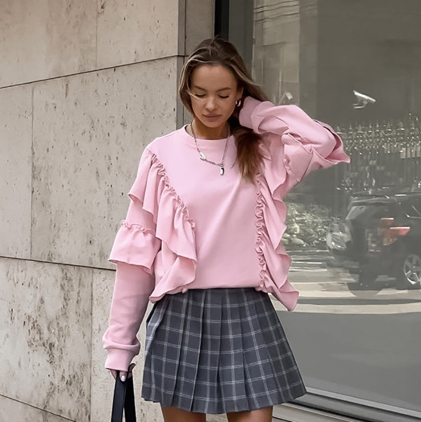 Fall Gentle Pink Elegant Knitted Ruffled Round Neck Drop-Shoulder Sleeve All Matching Loose Casual Sweater Women