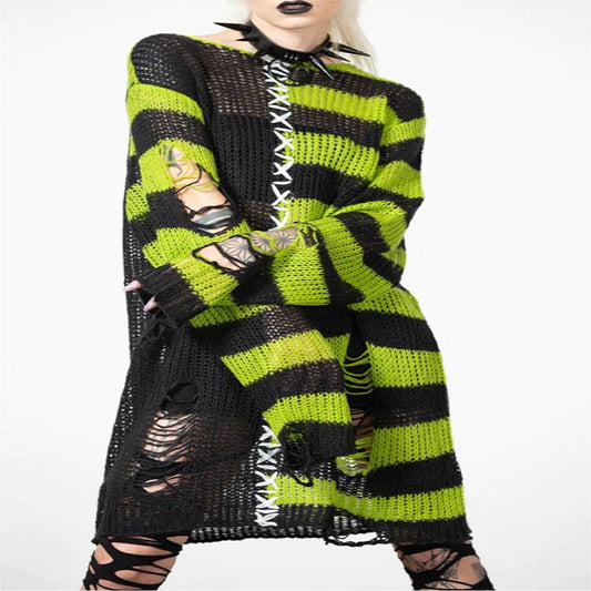 Suéter largo con diseño punk de Halloween y rasgado para mujer, suéter holgado con rayas de colores contrastantes