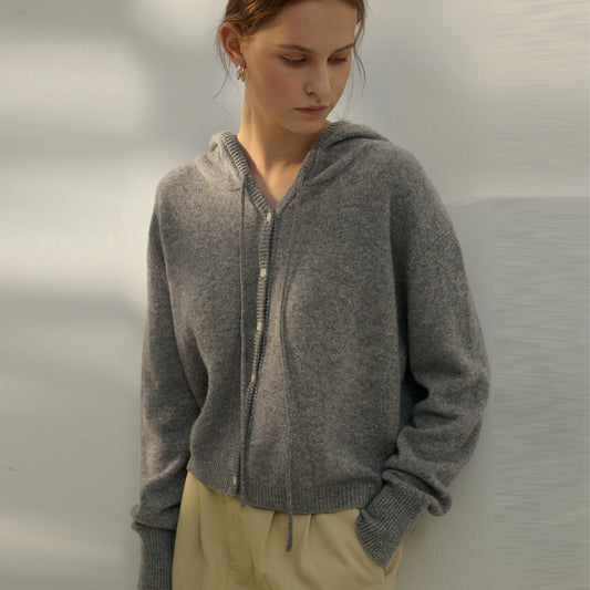 Pull à capuche avec cordon de serrage pour femme, veste courte à simple boutonnage, style rétro, automne-hiver, manches longues, en pure laine