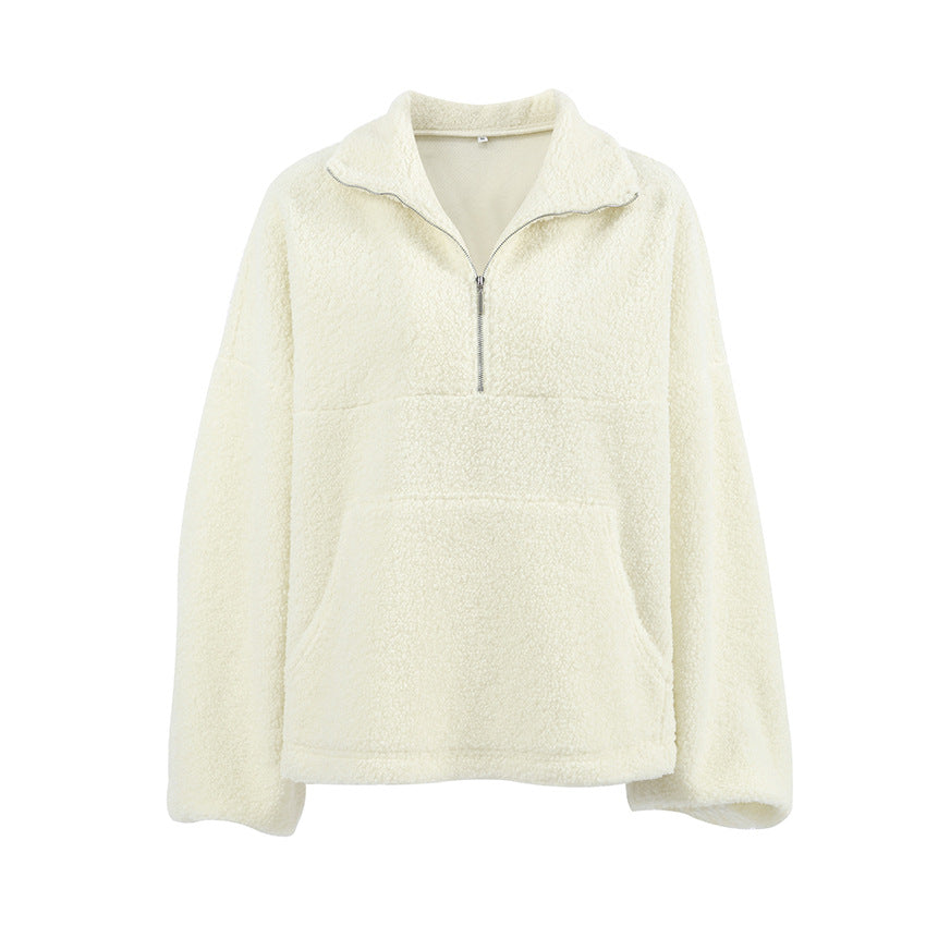 Pull ample en peluche à manches bouffantes et col montant pour femme, tricot beige personnalisé, décontracté, en cachemire d'agneau, automne et hiver