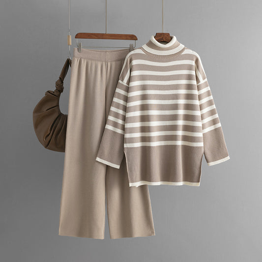 Striped Turtleneck Sweater for Women Autumn Winter Loose Design Sweater Pullover Top Two Piece Set