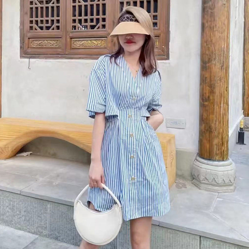 Summer New Retro Navy Style V-neck Short Sleeve Deconstructed Striped Shirt Dress