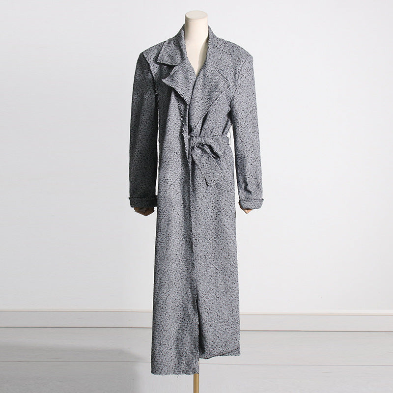 Spring Scarf Lace up Waist Controlled Slimming Tweed Long Trench Coat