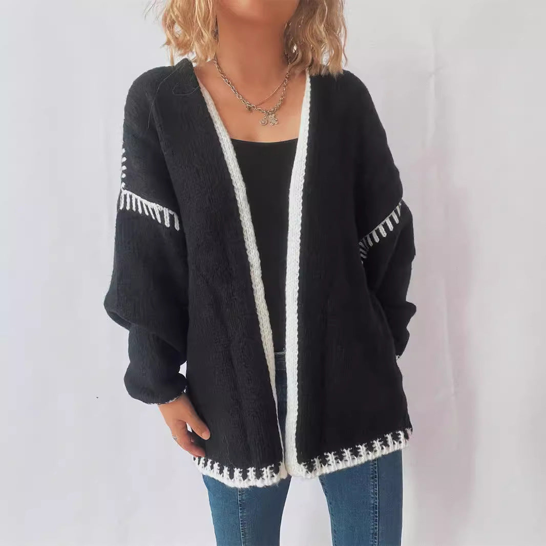 Sweater Women Outer Wear V neck Knitted Cardigan Loose Preppy Chic Contrast Color Early Autumn Coat