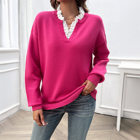 Pull ample à col en V et dentelle pour femme, vêtement d'automne et d'hiver