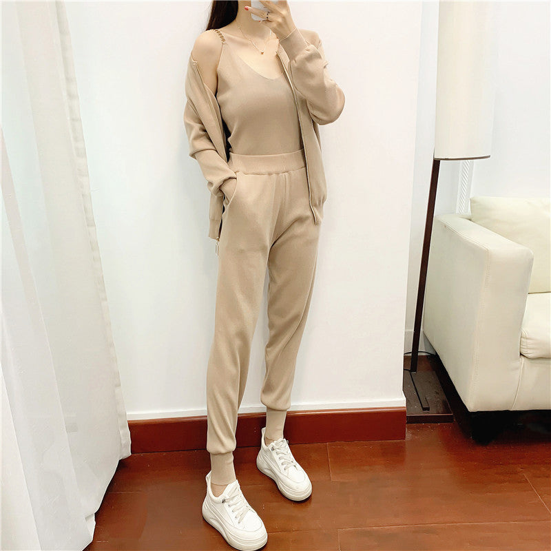 Spring Autumn Korean Sweet Chain Vest Knitted Coat Skinny Trousers with an Elasticated Waist Three Piece Set for Women