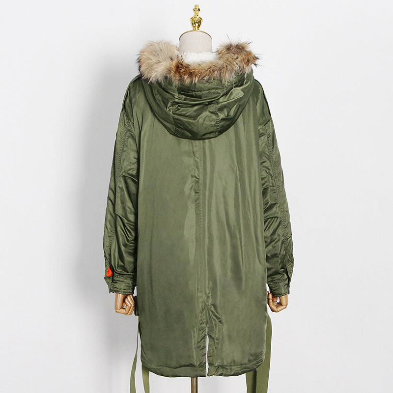 Genuine Fur Collar Hooded Criss Cross Strap Loose Plus Size Rabbit Fur Parka Cotton Coat Jacket