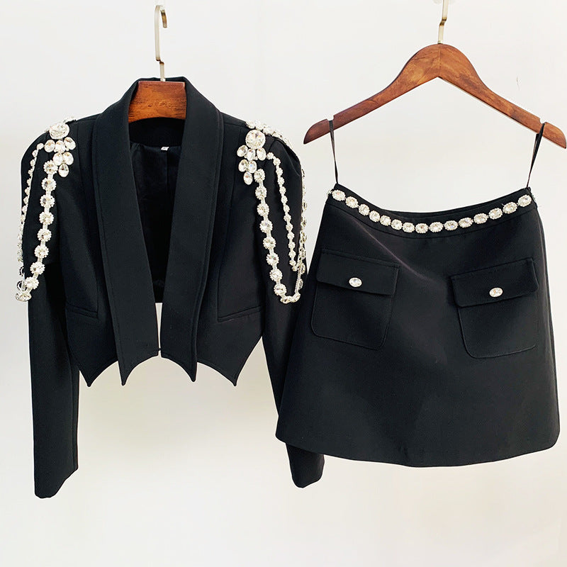 Goods Socialite Heavy Industry Diamond Chain Rhinestone Short Blazer With Skirt Set Two Piece Blazer Suit Set