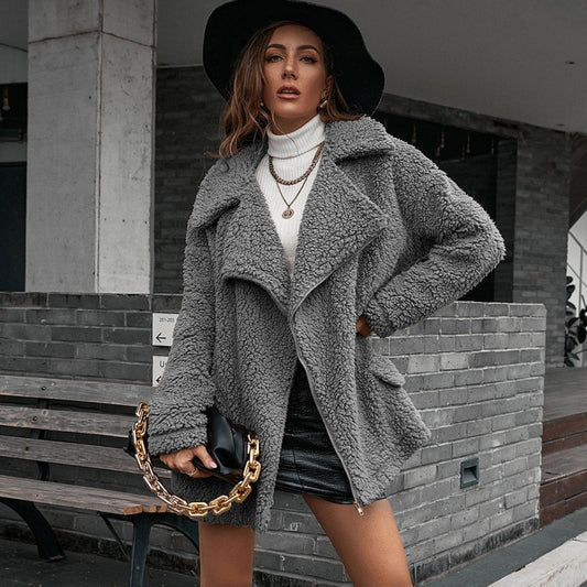 Casual Loose Thick Bubble Velvet Zipper Furry Coat Collared Lamb Wool Trench Coat