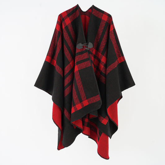 Double Sided Plaid Inverness Women Spring Autumn Cape Cloak Large Kerchief Double Sided Wear Woolen Knit Cloak