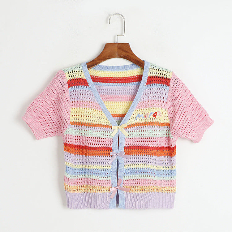 Thin Rainbow Striped V neck Short Sleeved T shirt for Women Summer Loose Bow Embroidered with Letters Younger Knitwear