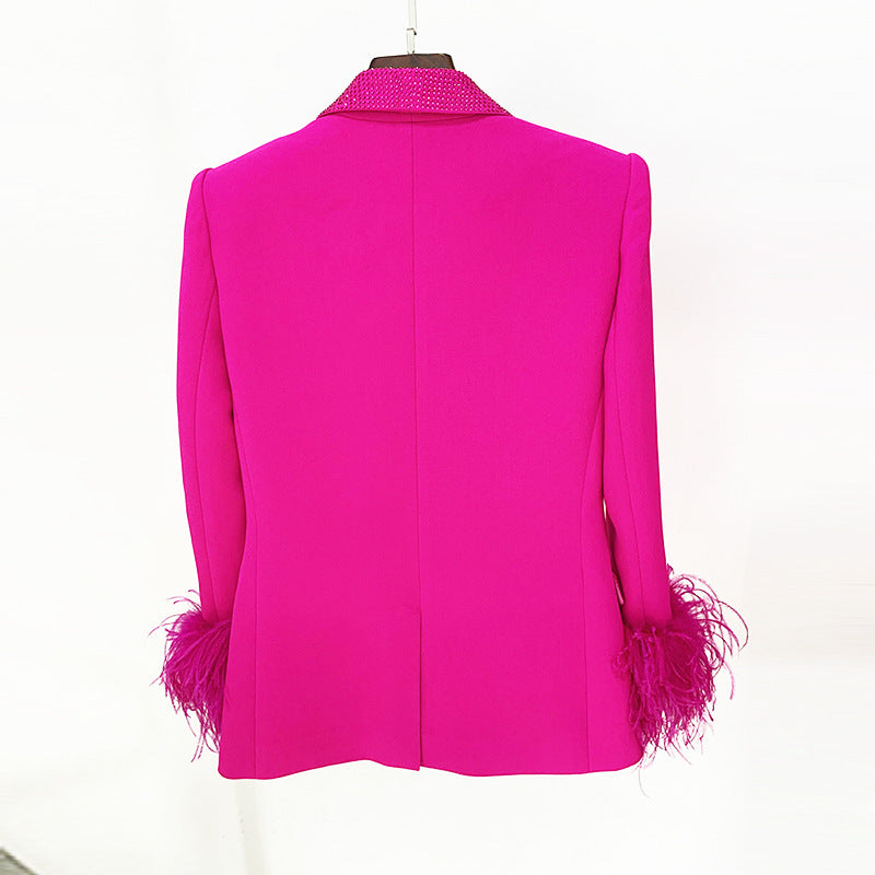 Goods Star Luxury Ostrich Feather True Feathers Rhinestone Green Fruit Collar Blazer