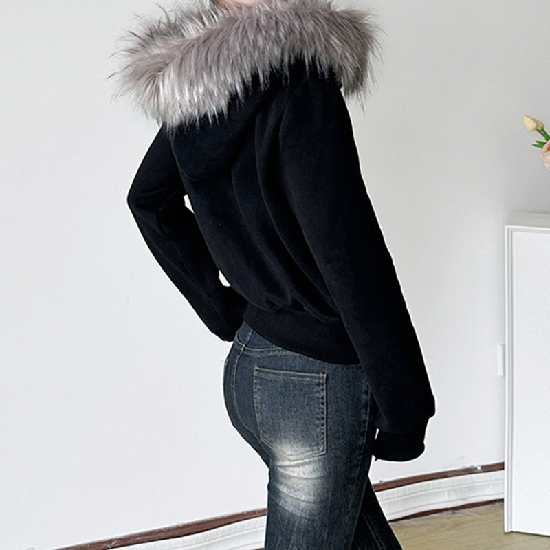 Street Retro Hooded Furry Splicing Coat Winter Slim Fit Warm Double Headed Zipper Cardigan Sweater