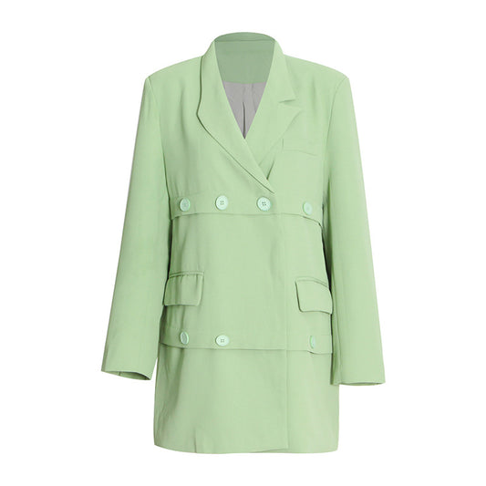 Grass Green Fresh Casual Small Blazer Winter Layered Long Sleeve Loose Mid Length Coat