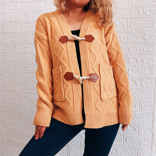 Autumn Winter Casual Faux Leather Horn Button Pocket Knitted Rhombus Plaid Sweater Cardigan Coat Women