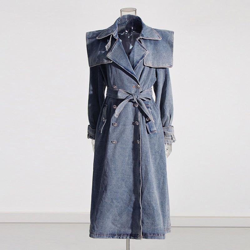 Autumn Elegant Women Clothing Denim Trench Coat Polo Collar Lace up Design Slimming Denim Trench Coat