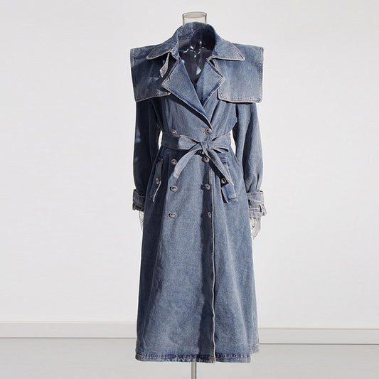 Autumn Elegant Women Clothing Denim Trench Coat Polo Collar Lace up Design Slimming Denim Trench Coat