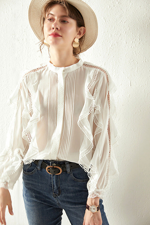 Camisa elegante de lino francés con cubierta de oreja de madera para el vientre, camisa holgada adelgazante con sentido de diseño de encaje que combina con todo