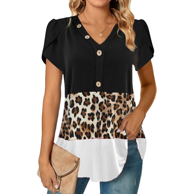 Women's V-neck Stitching Short Sleeve Button