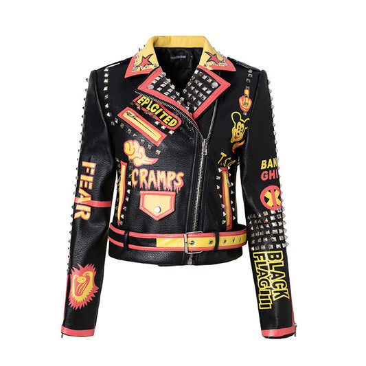 Graffiti Printing Leather Coat Women Heavy Industry Rivets Motorcycle Women Jacket Short Coat