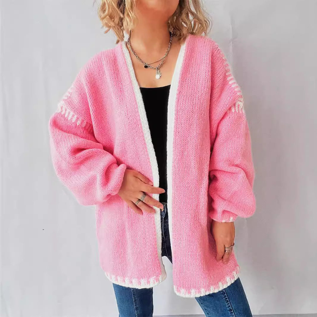 Sweater Women Outer Wear V neck Knitted Cardigan Loose Preppy Chic Contrast Color Early Autumn Coat