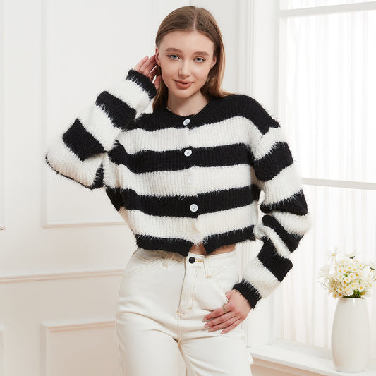 Women Clothing Knitted round Neck Buckle Striped Cardigan Sweater Soft Knitted Autumn Winter Casual Knitted Coat Top