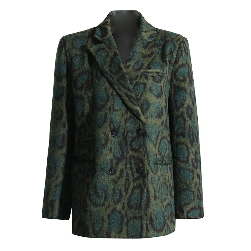 Blazer estampado de leopardo Vintage francés otoño cuello en V manga larga suelta Casual con bolsillos grandes abrigo de longitud media