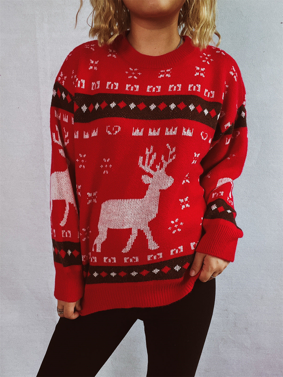 Arrival Autumn Winter Cartoon Elk Brocade Sweater Christmas Sweater round Neck Pullover Sweater