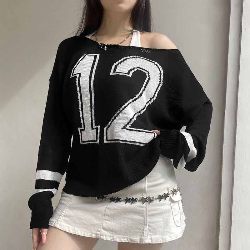 Street Cool Contrast Color Letter Graphic Woven off Shoulder Sweater Sexy Autumn Winter Loose All Matching Pullover Sweater