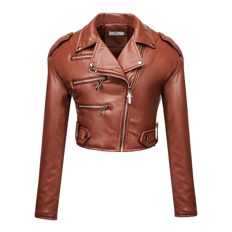 Women Leather Jacket Slim Fit Short Cotton High Waist Long Sleeve Collared Oblique Zipper Leather Jacket Faux Leather Women Motorcycle Clothing