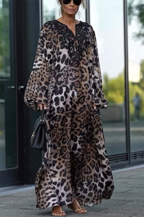 Vestido holgado de manga larga con estampado de leopardo para otoño