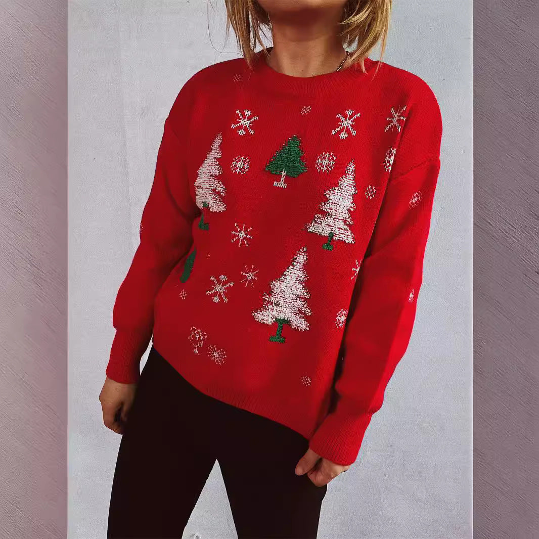 Pull de Noël rouge en tricot jacquard pour femme, automne, hiver, sapin de Noël floqué