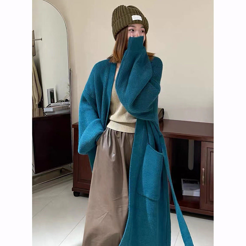 Women's Mid-length Over-the-knee Cardigan Belt Sweater Coat