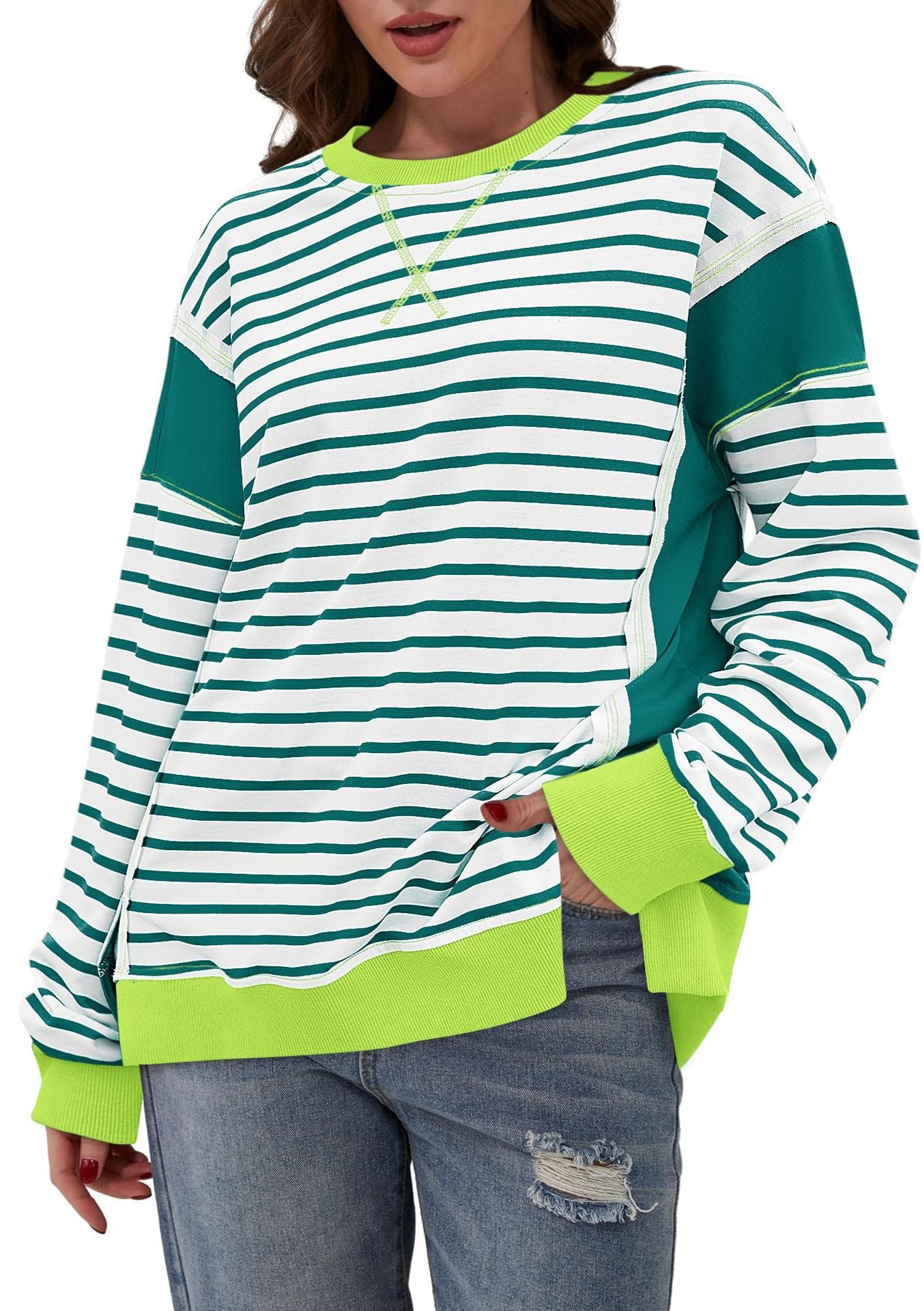 Women Clothing Women Multicolor Hoodie Striped Color Contrast Long Sleeve T Shirt