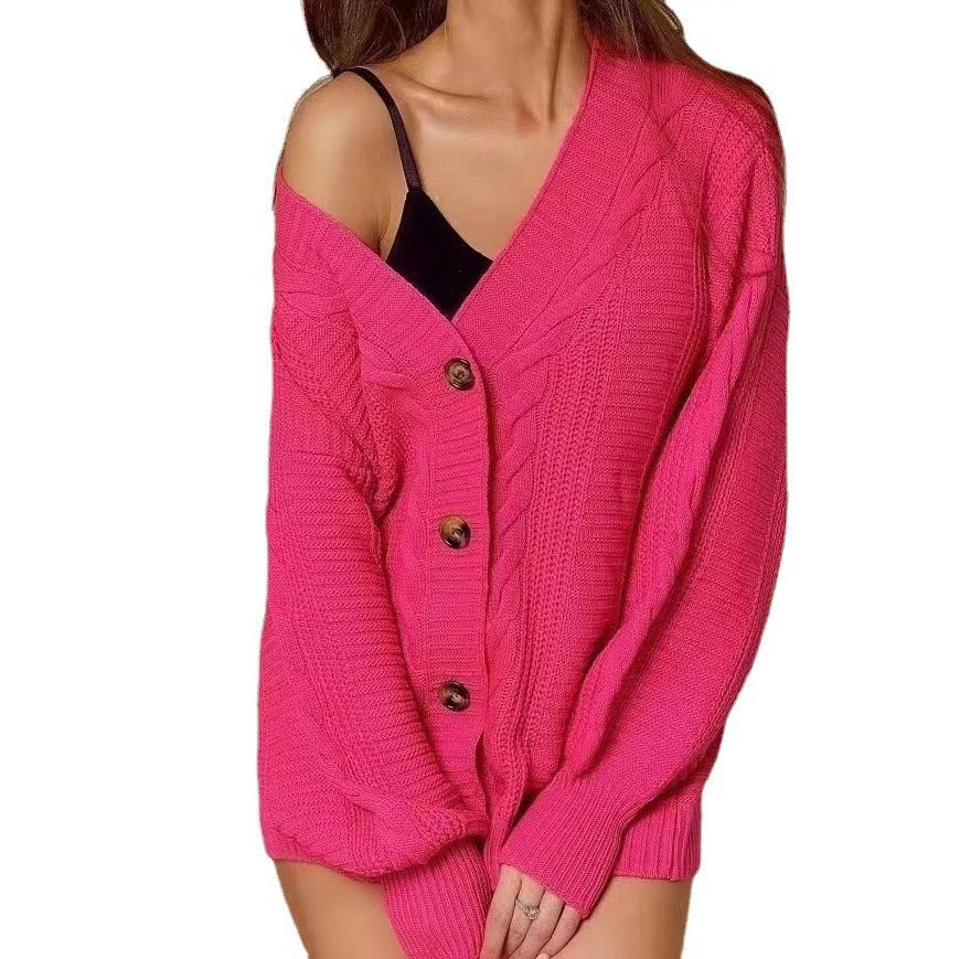 V Neck Lantern Sleeve Knitted Cardigan Women Autumn Winter Loose Sexy Sweater Coat