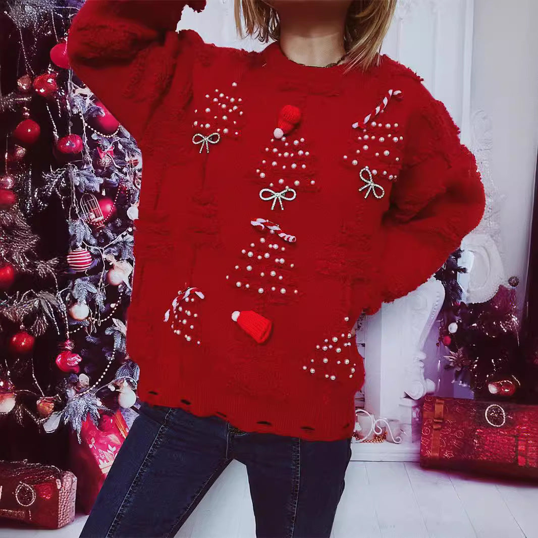 Handmade Pearl Christmas Theme Sweater Three Dimensional Decoration Year Holiday Sweater Pullover Women