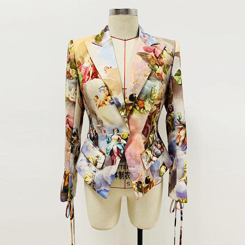 Goods Rope Slim Waist Retro Renaissance Angel Print Blazer