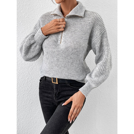 Zipper Pullover Sweater Solid Color Loose Casual Polo Collar Long-Sleeve Zipper Sweater Women