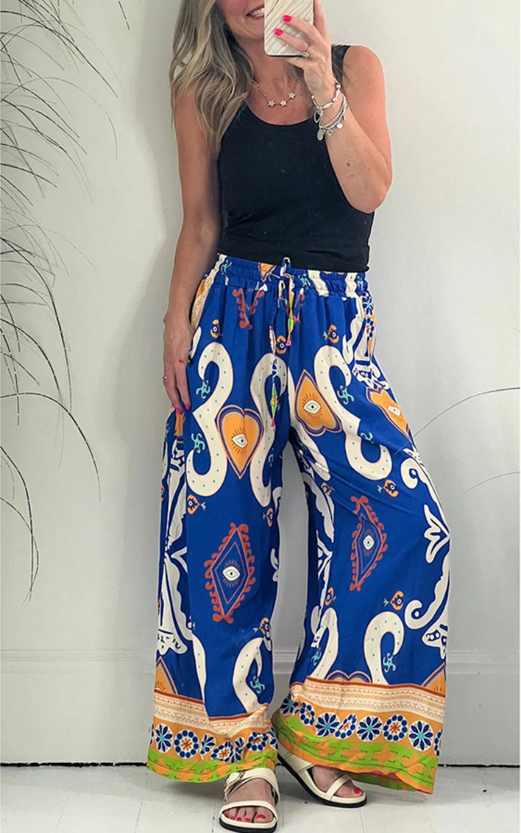 Women's Printed Pocket Loose Wide-leg Pants