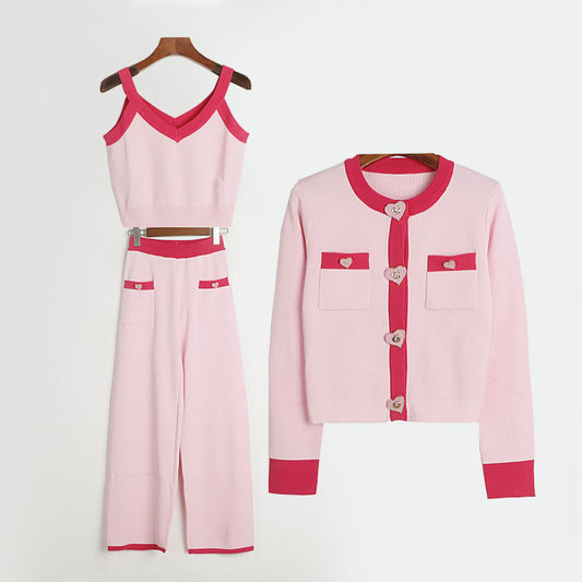 Classic Pink Ice Silk Knitted Three Piece Sets Women Early Autumn Heart Buckle Color Matching Brim Cardigan Suspender Trousers