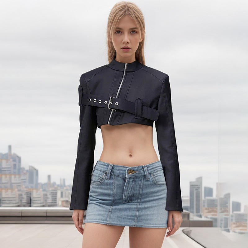 Spring Summer Personality Trendy Irregular Asymmetric Design Belt Slim Fit Slimming Cropped Jacket