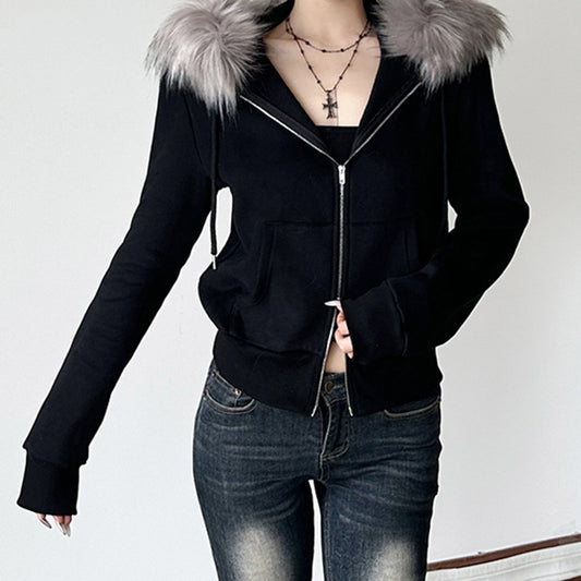 Street Retro Hooded Furry Splicing Coat Winter Slim Fit Warm Double Headed Zipper Cardigan Sweater