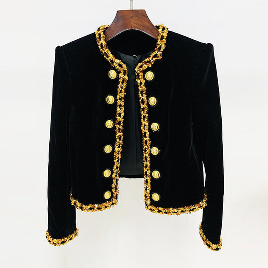 Veste courte en velours avec chaîne à paillettes et perles de l'industrie lourde, manteau cardigan